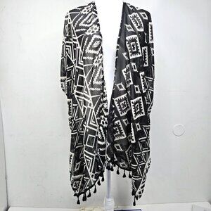 Women's Black White Aztec Tribal Fringe Boho Swim Cover Cardigan Kimono Poncho